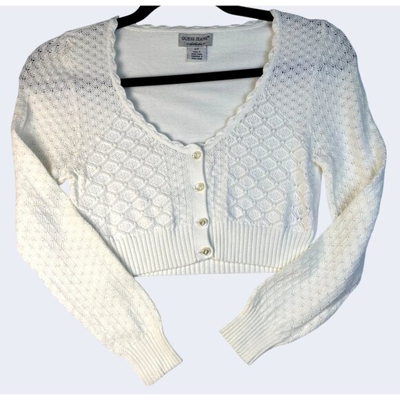Vtg. Y2K Guess Jeans White S Fairy Knited Cropped Cardigan Feminine Cottagecore - Picture 1 of 13